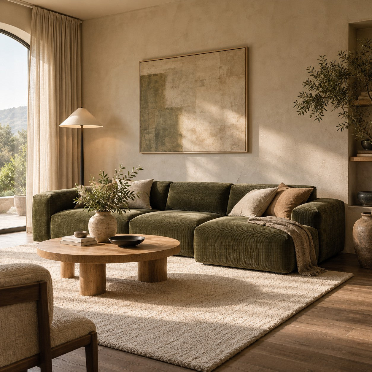 An olive sofa in an inviting living room