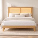 Natural wood full rattan LED platform bed with a storage headboard