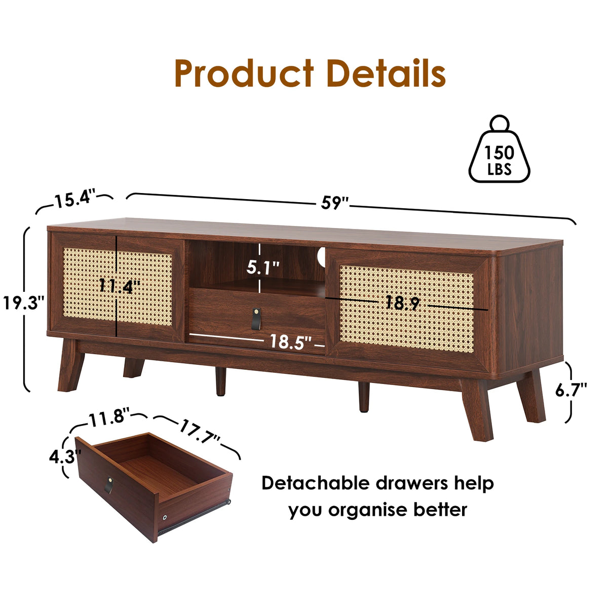 Dimensions diagram for Rattan Door Media Console