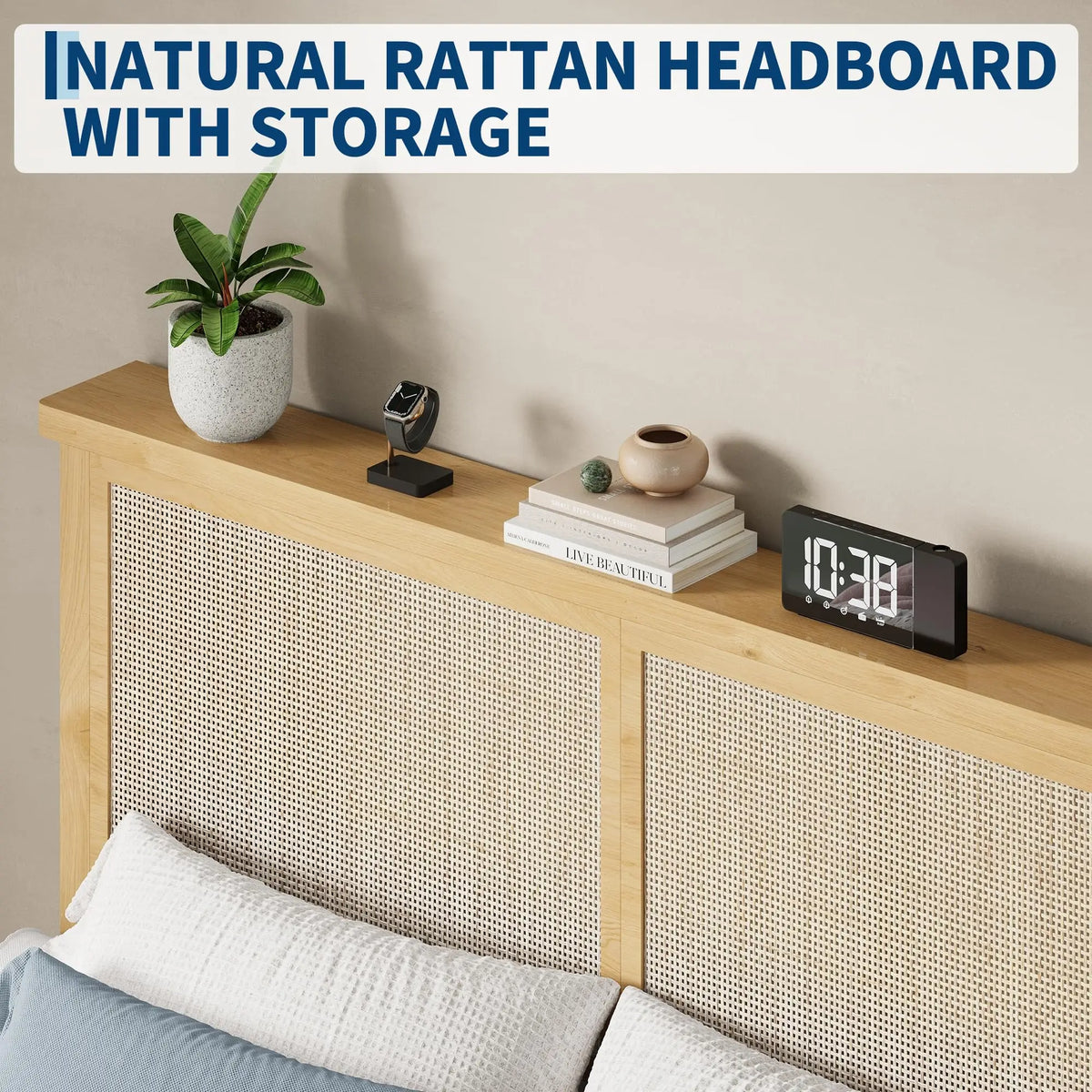 Full Rattan LED Platform Bed