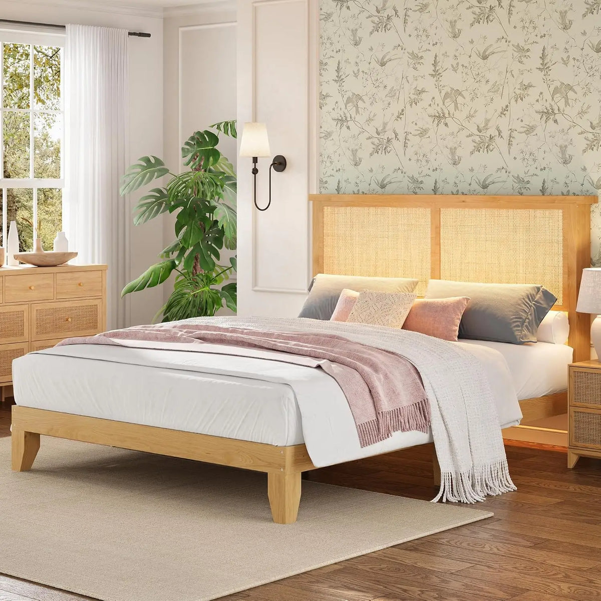 Full Rattan LED Platform Bed