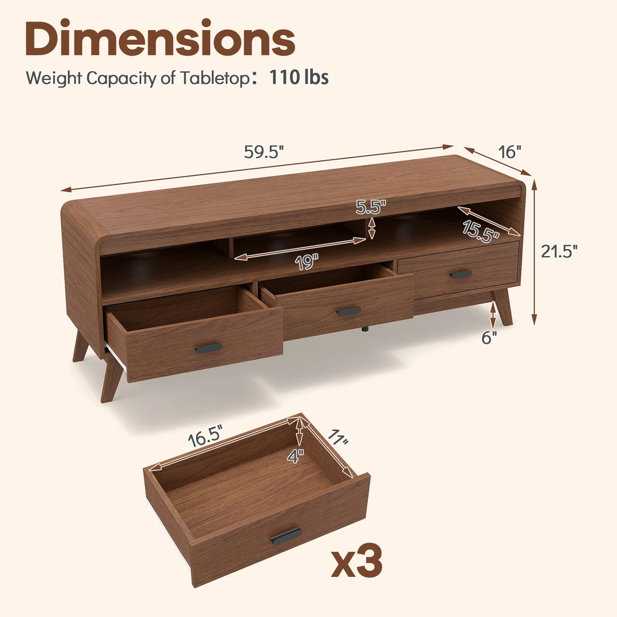 Dimensions diagram for Wood Media Console