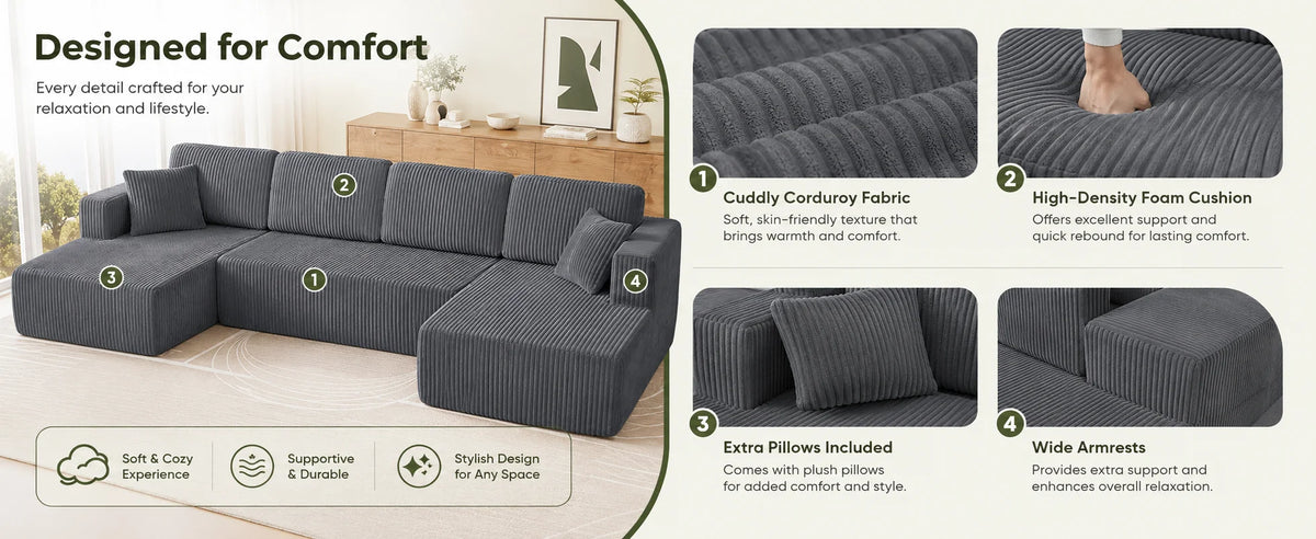 Three-Seat Corduroy Sectional detail 3