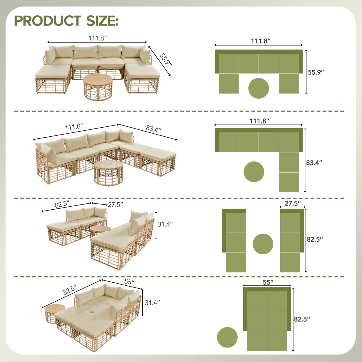 Dimensions diagram for Seven-Piece Rattan Patio Set