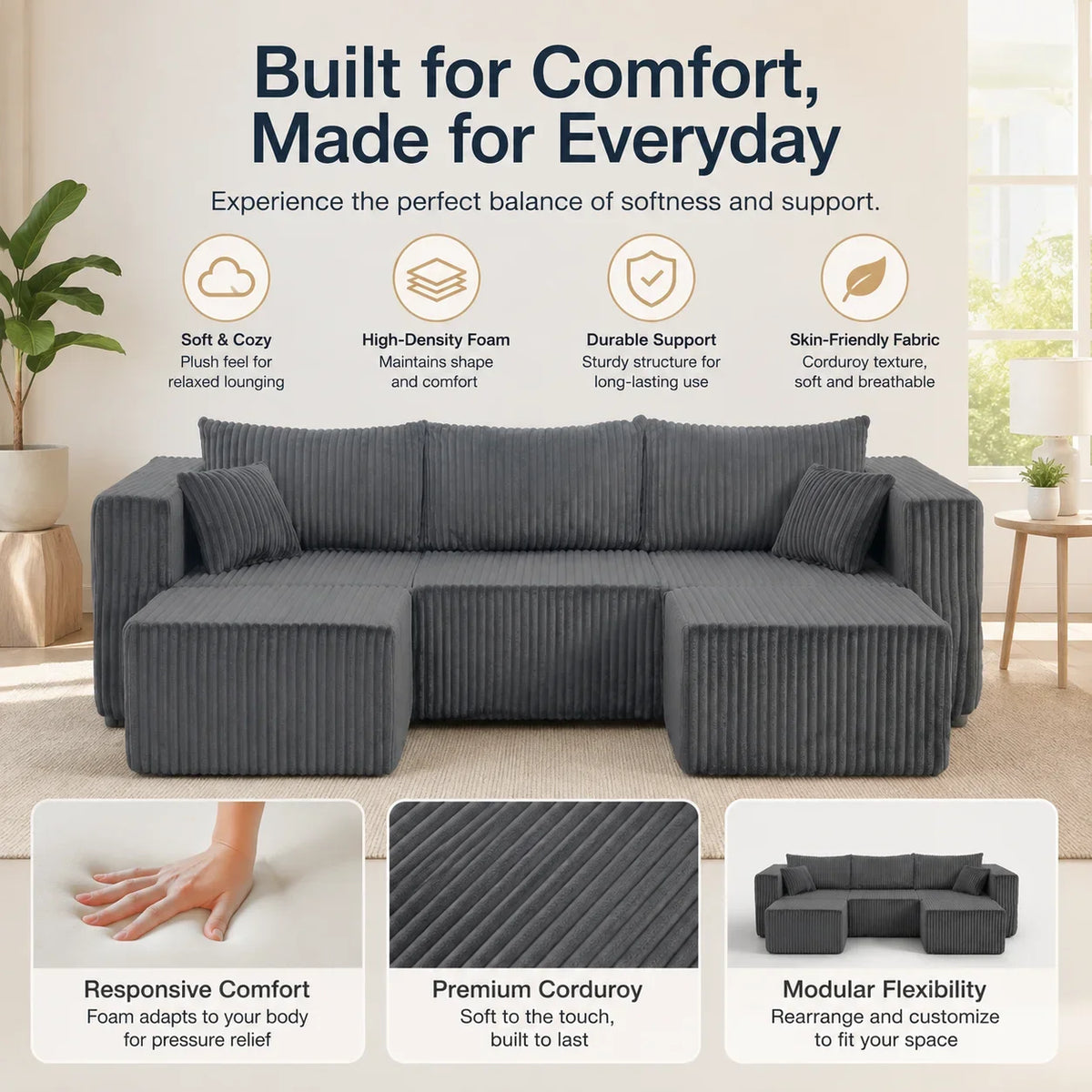 Three-Seat Corduroy Sectional