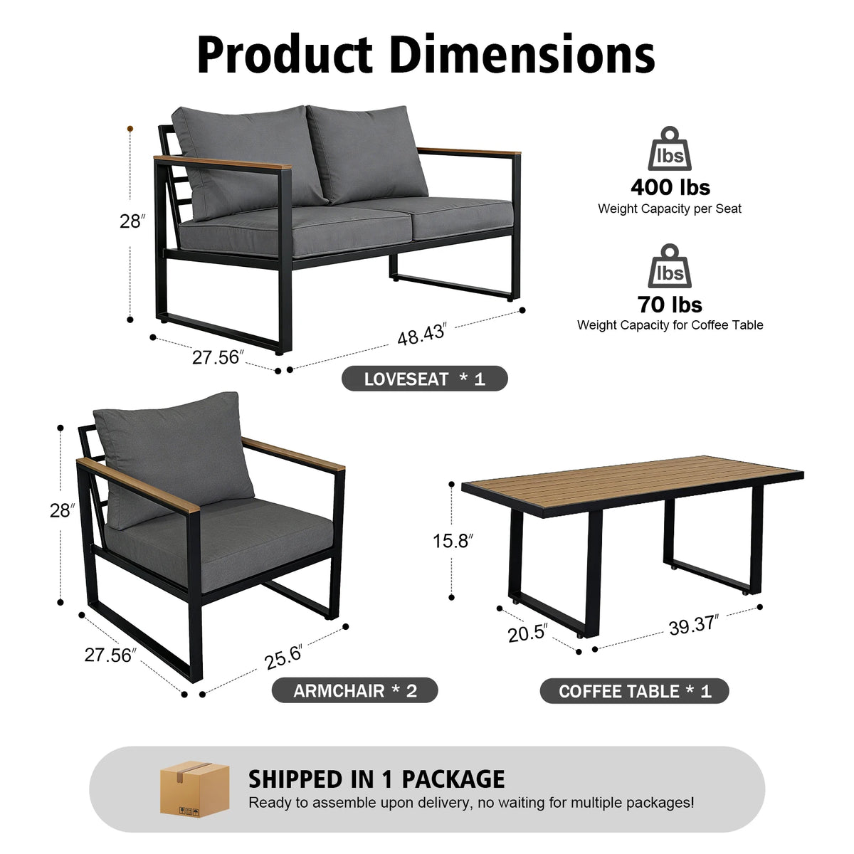 Dimensions diagram for Textilene Patio Conversation Set