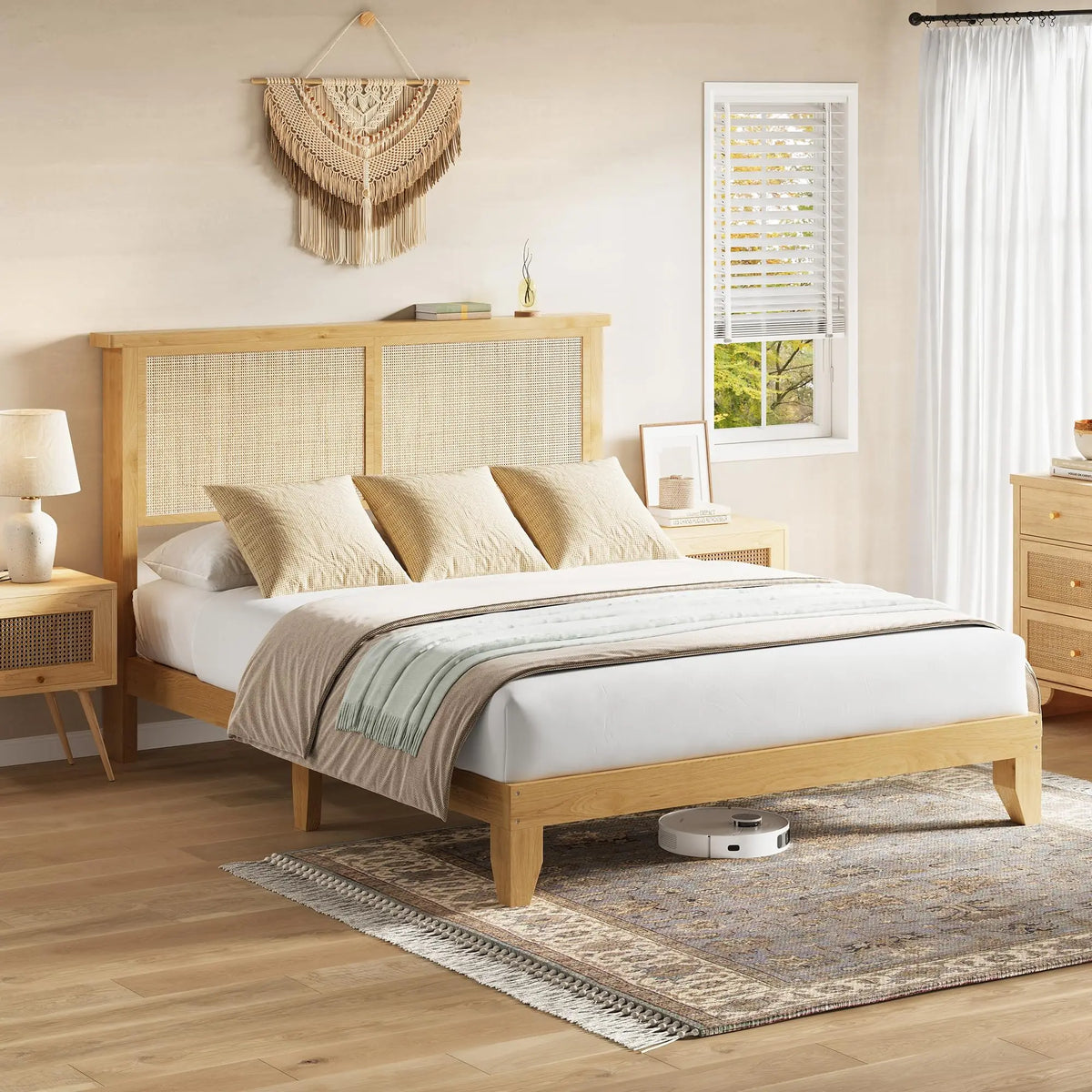 Full Rattan LED Platform Bed
