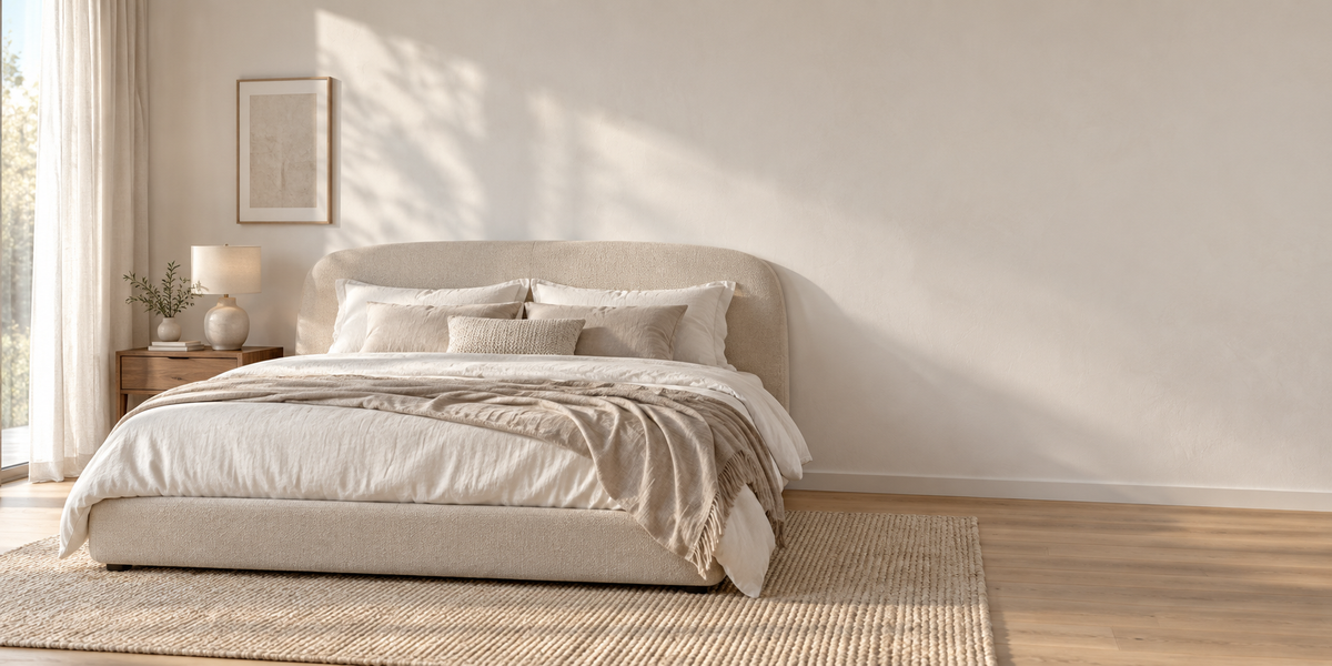 An olive sofa in a calm and inviting living room