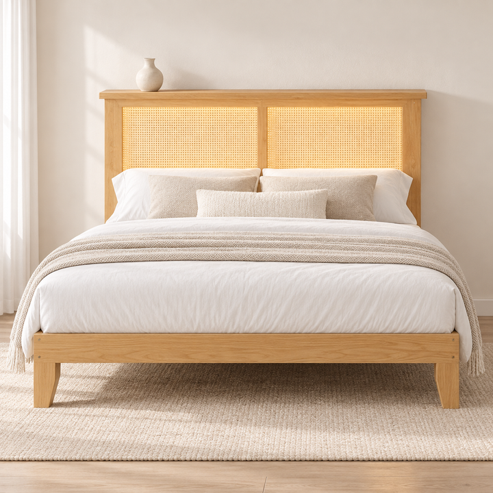 Natural wood full rattan LED platform bed with a storage headboard