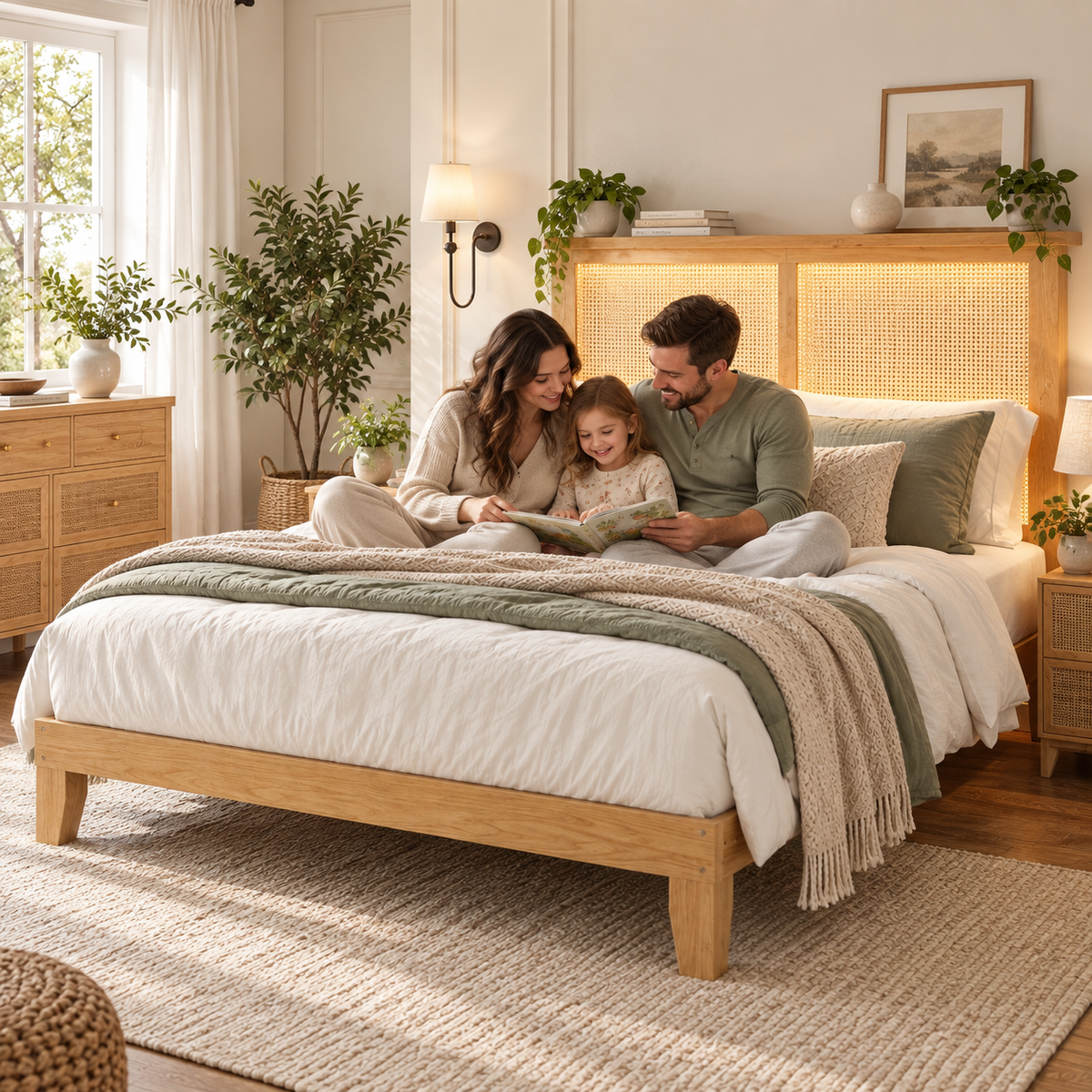 Family reading together on a full rattan LED platform bed