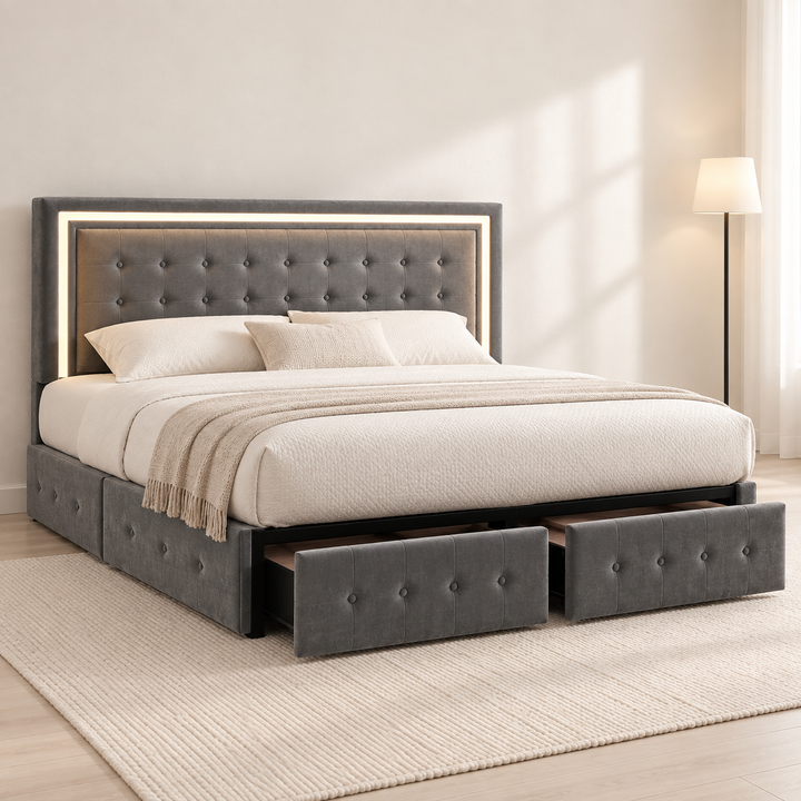 Grey velvet LED storage bed with four drawers in a bright Nordic bedroom