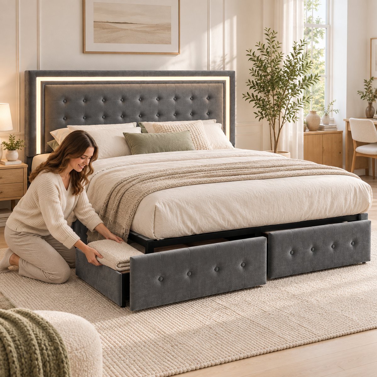 Woman placing a folded blanket into a drawer of a grey LED storage bed