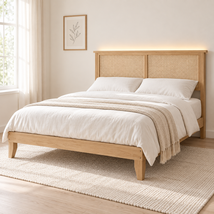 Natural wood rattan LED platform bed in a bright Nordic bedroom