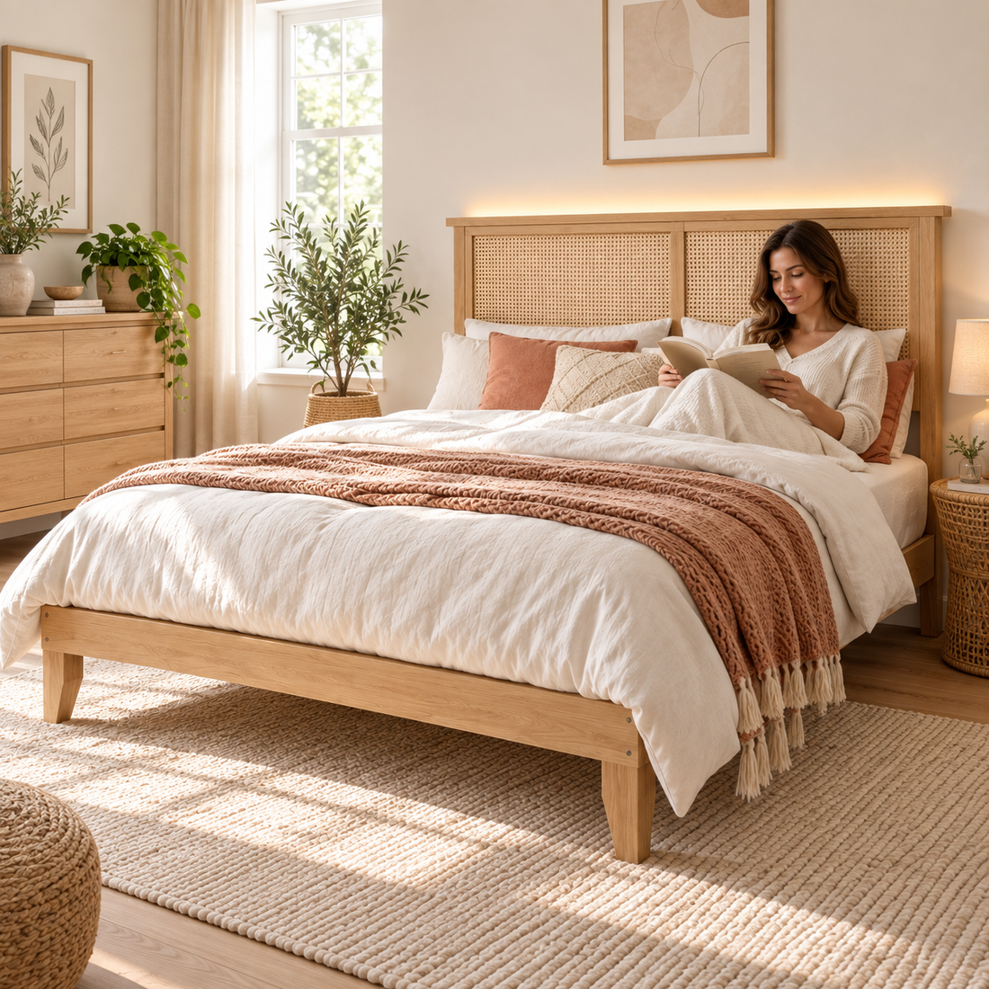 Woman reading in a warm bedroom on a natural rattan LED platform bed