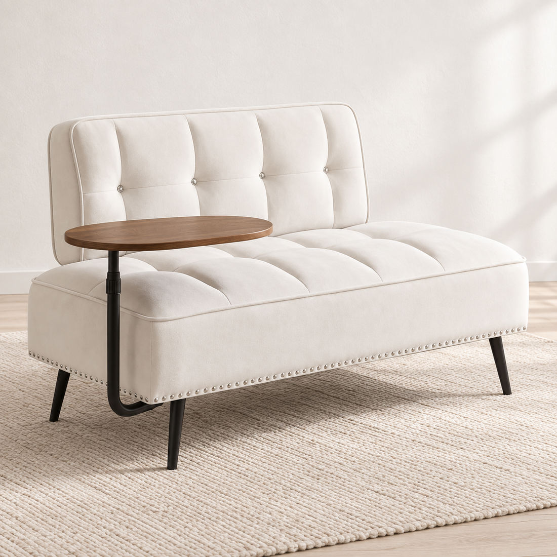 White velvet sofa with integrated rotating side table in a bright Nordic interior